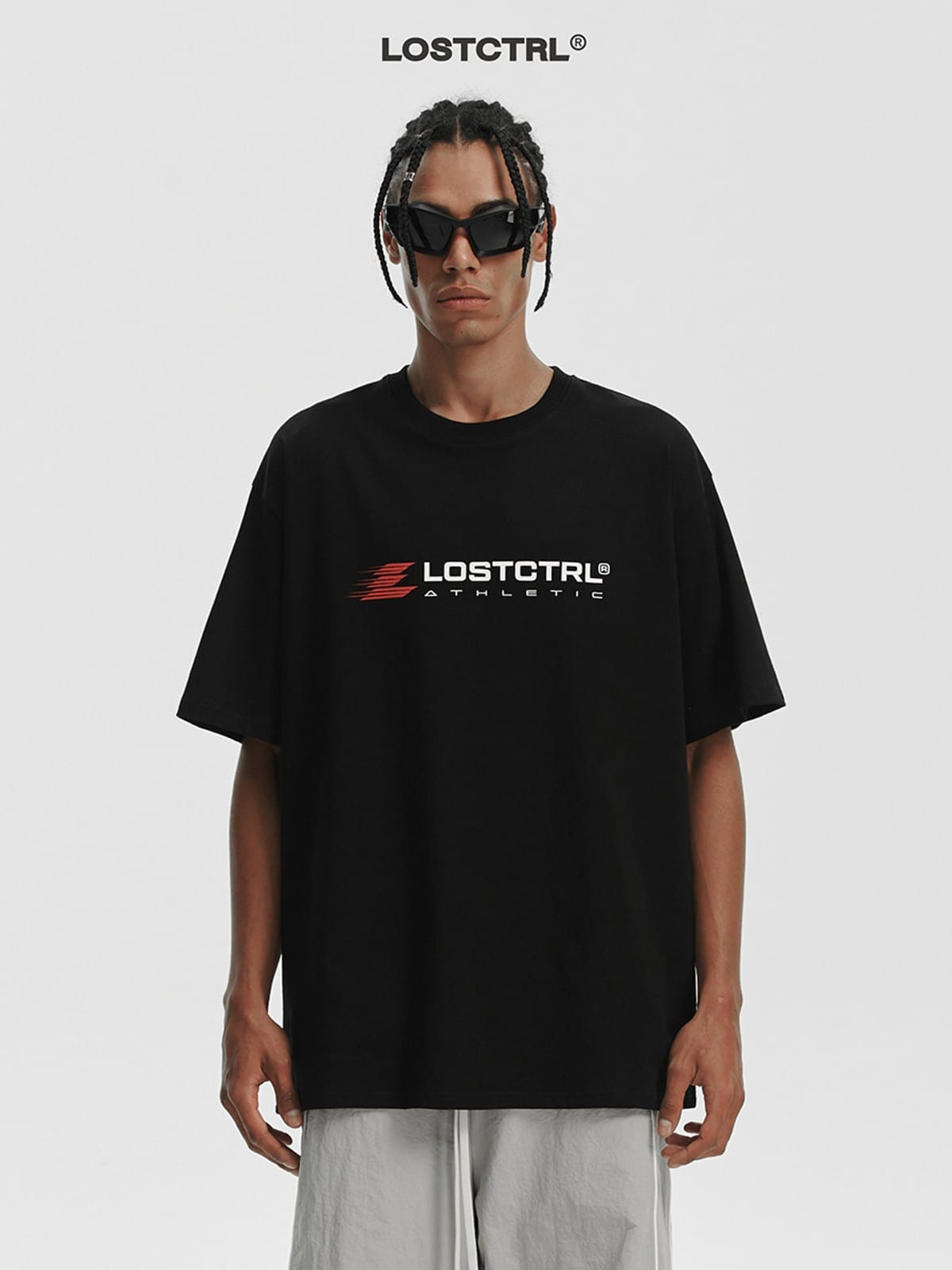 LOSTCTRL Heavyweight Cotton Graphic T Shirt in Black - On Male Model