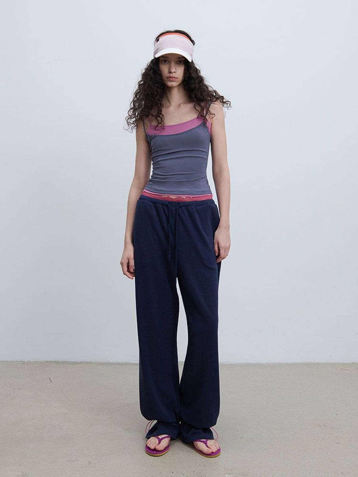 RARELY ALIKE Lace Waistband Adjustable Joggers in Navy Blue - On Female Model