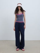 RARELY ALIKE Lace Waistband Adjustable Joggers in Navy Blue - On Female Model