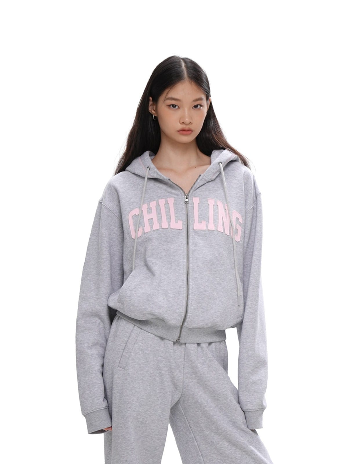 SweetChilling Applique Logo Zip Up Hoodie in Gray - On Female Model