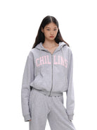 SweetChilling Applique Logo Zip Up Hoodie in Gray - On Female Model