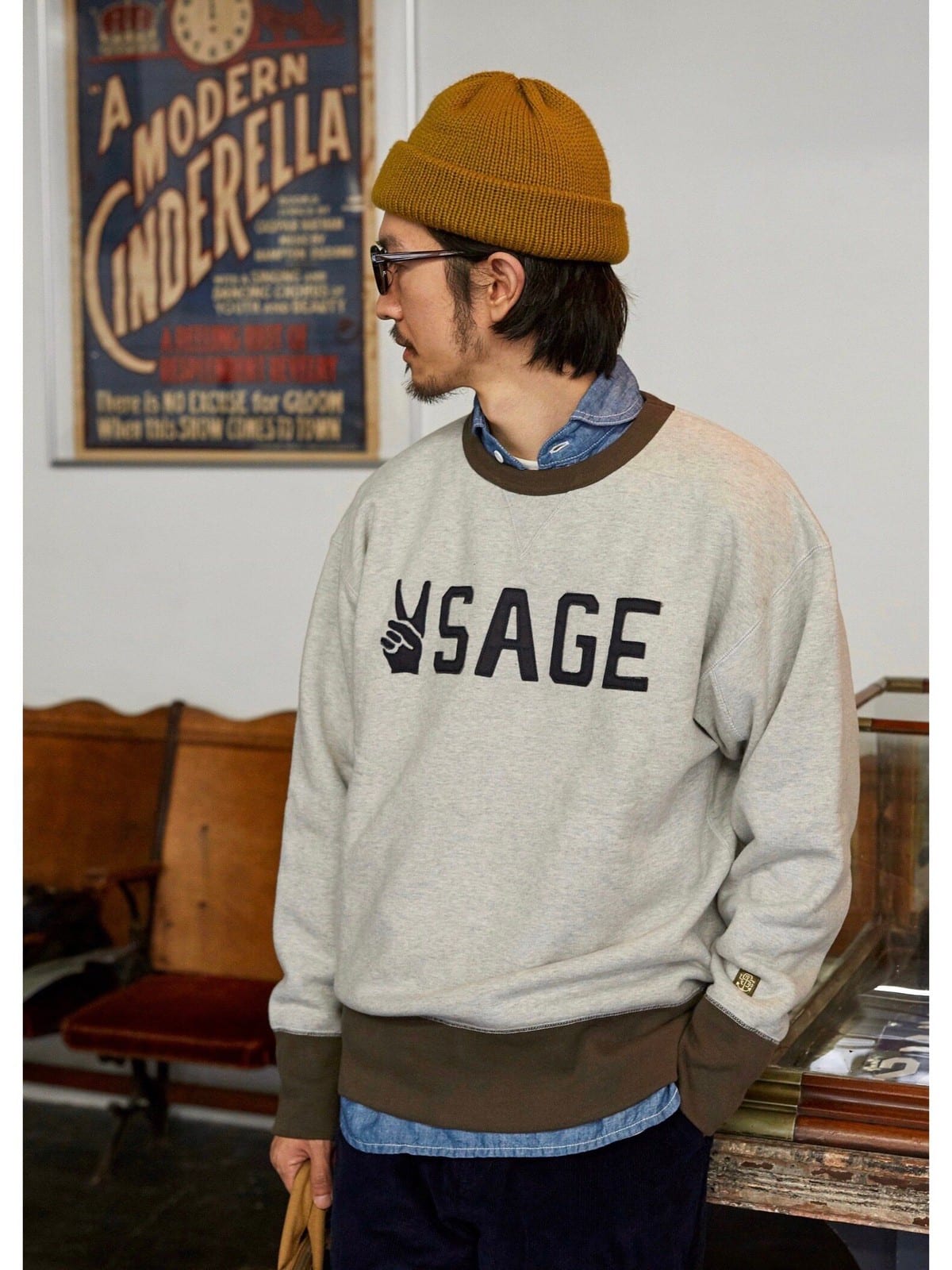 USAGE Graphic Two Tone Cotton Sweatshirt in Gray - On Male Model