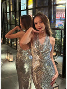 1S STUDIO Silver Sequin Cowl Neck Halter Dress in Silver - On Female Model