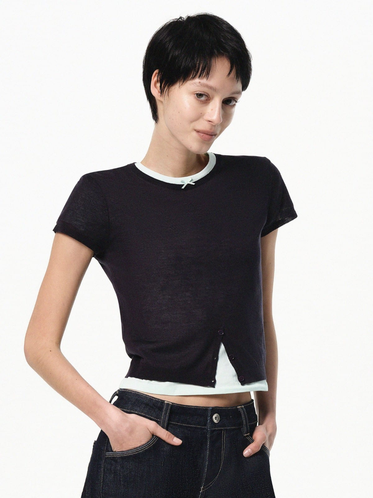 RARELY ALIKE Half Placket Silk Wool Knit Top in Navy Blue - On Female Model
