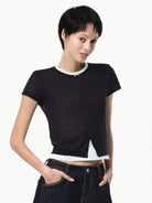 RARELY ALIKE Half Placket Silk Wool Knit Top in Navy Blue - On Female Model