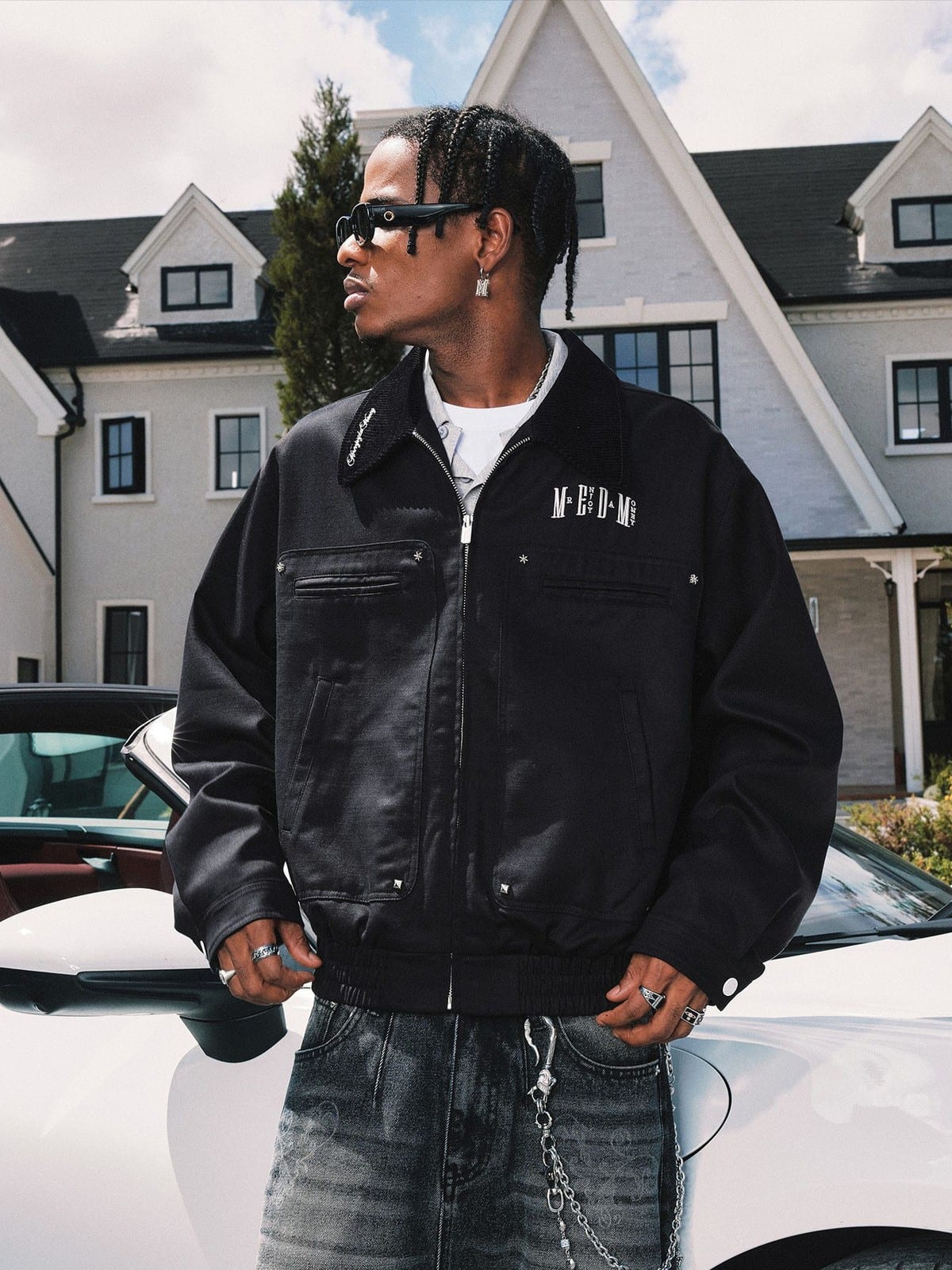 MEDM Embroidered Harrington Jacket in Black - On Male Model