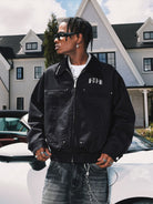 MEDM Embroidered Harrington Jacket in Black - On Male Model