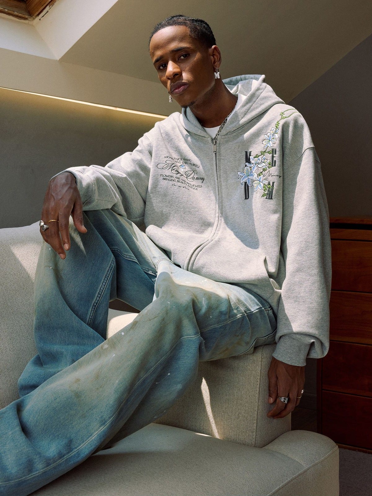 MEDM Floral Embroidered Zip Up Hoodie in Gray - On Male Model