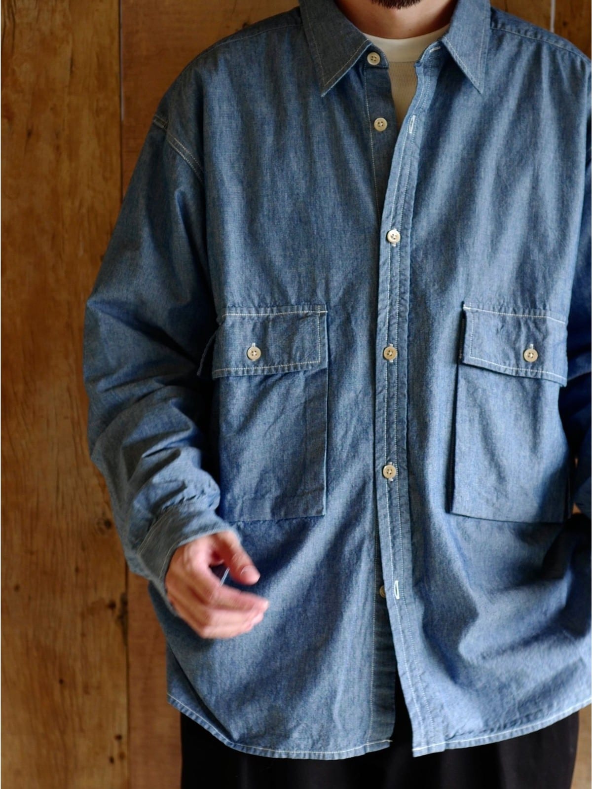 USAGE Cotton Chambray Safari Shirt in Denim - On Male Model
