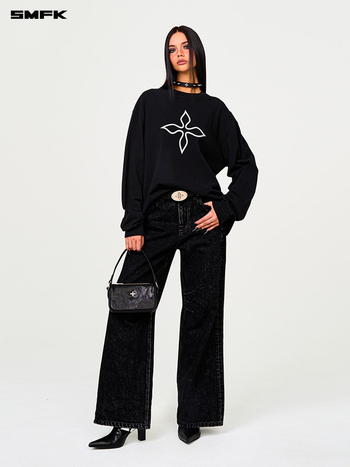 SMFK Oversized Cross Print Cotton Sweatshirt in Black - On Female Model