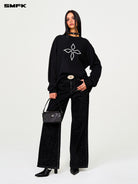 SMFK Oversized Cross Print Cotton Sweatshirt in Black - On Female Model
