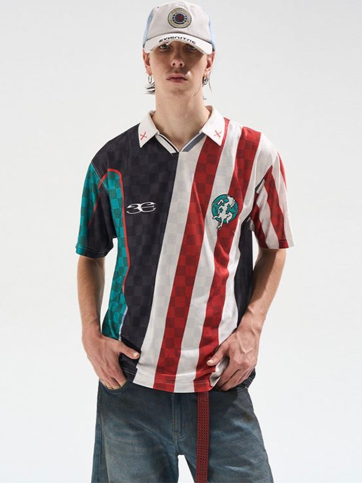 BLINDNOPLAN Digital Print Color Block Jersey Polo in Black - On Male Model