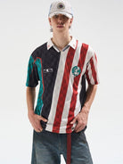 BLINDNOPLAN Digital Print Color Block Jersey Polo in Black - On Male Model