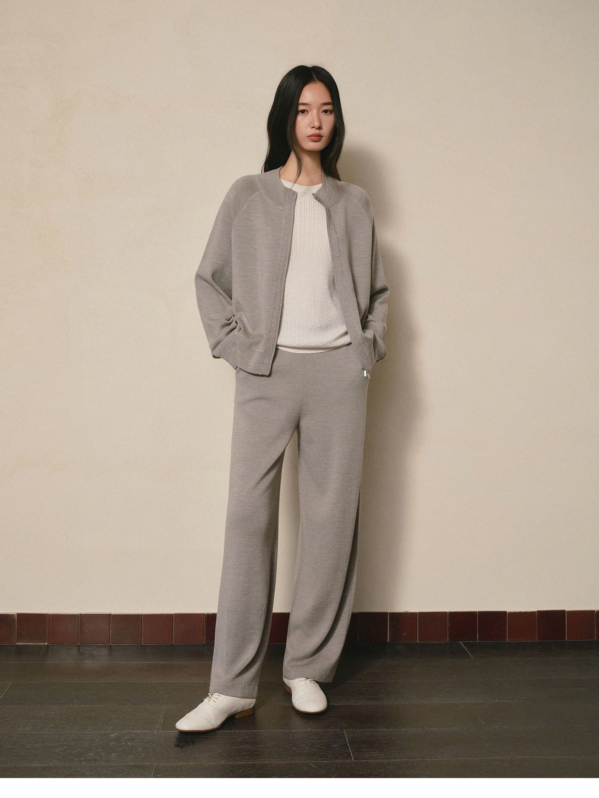 TEASEL Worsted Wool Double Zip Knit Jacket in Beige - On Female Model