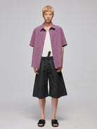 SIMPLE PROJECT Crinkled Linen Blend Short Sleeve Shirt in Purple - On Male Model