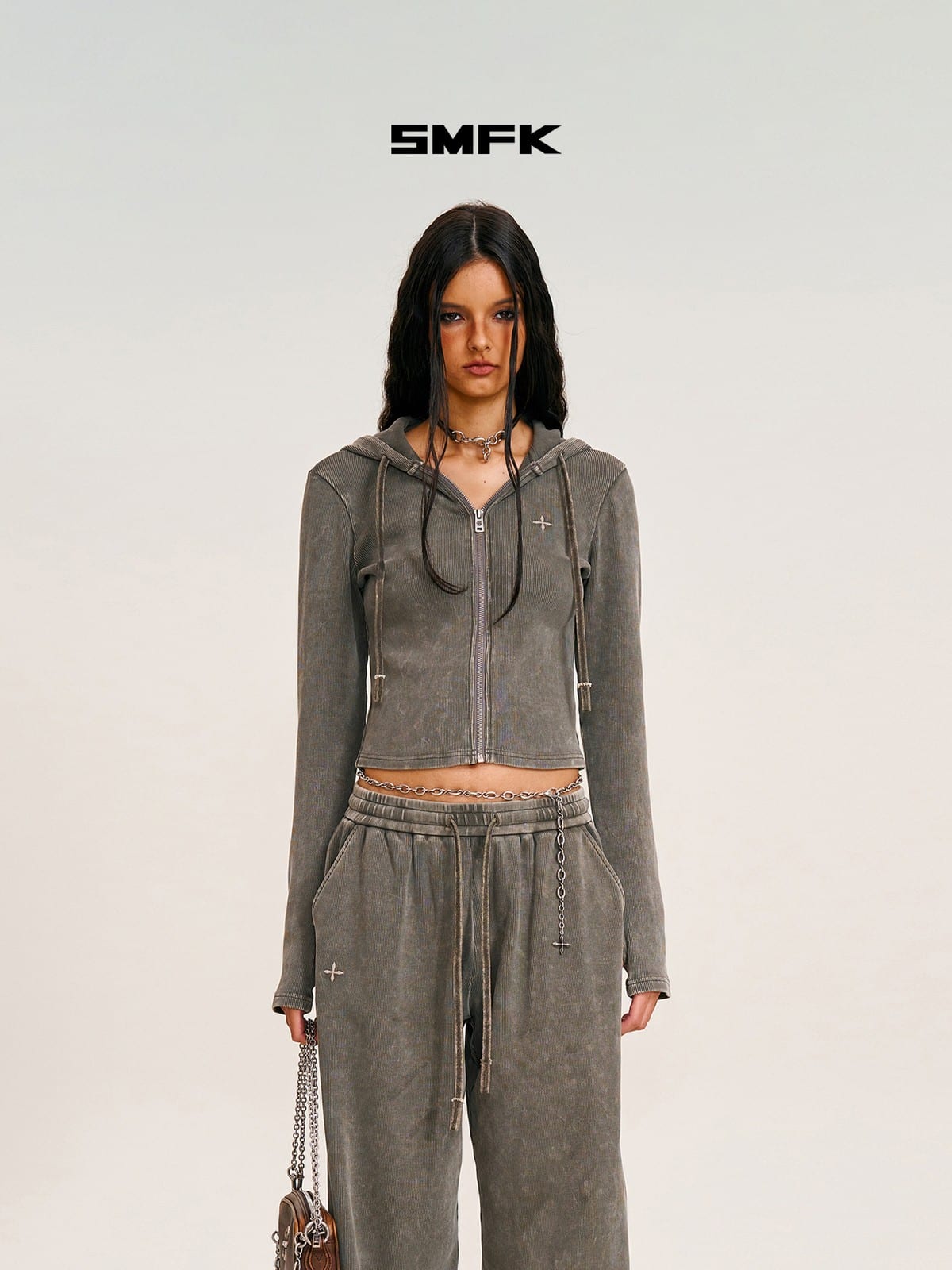 SMFK Washed Ribbed Zip Up Hoodie in Gray - On Female Model