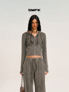 SMFK Washed Ribbed Zip Up Hoodie in Gray - On Female Model