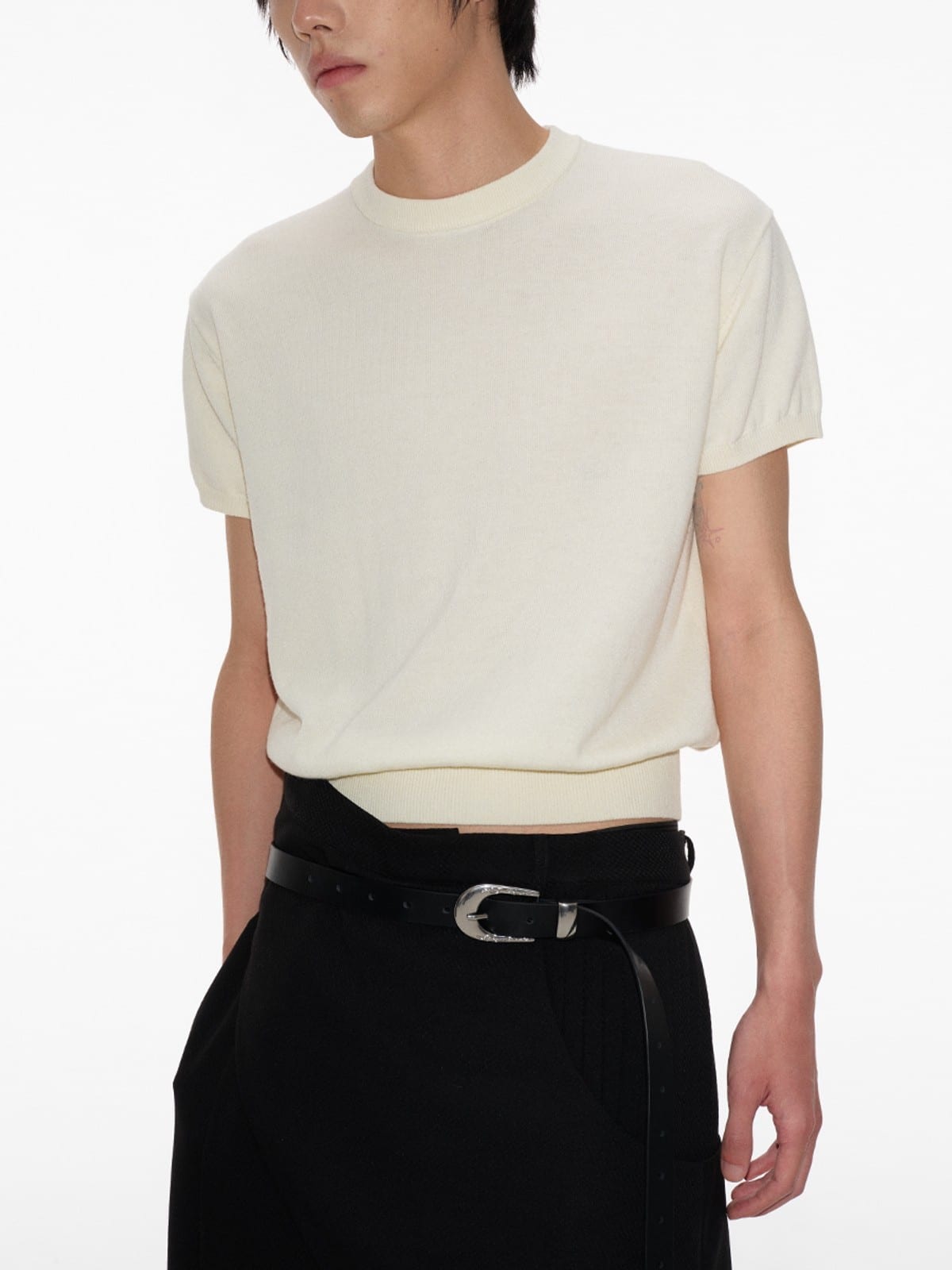JCAESAR STUDIO Short Sleeve Knit Crewneck in Cream - On Male Model