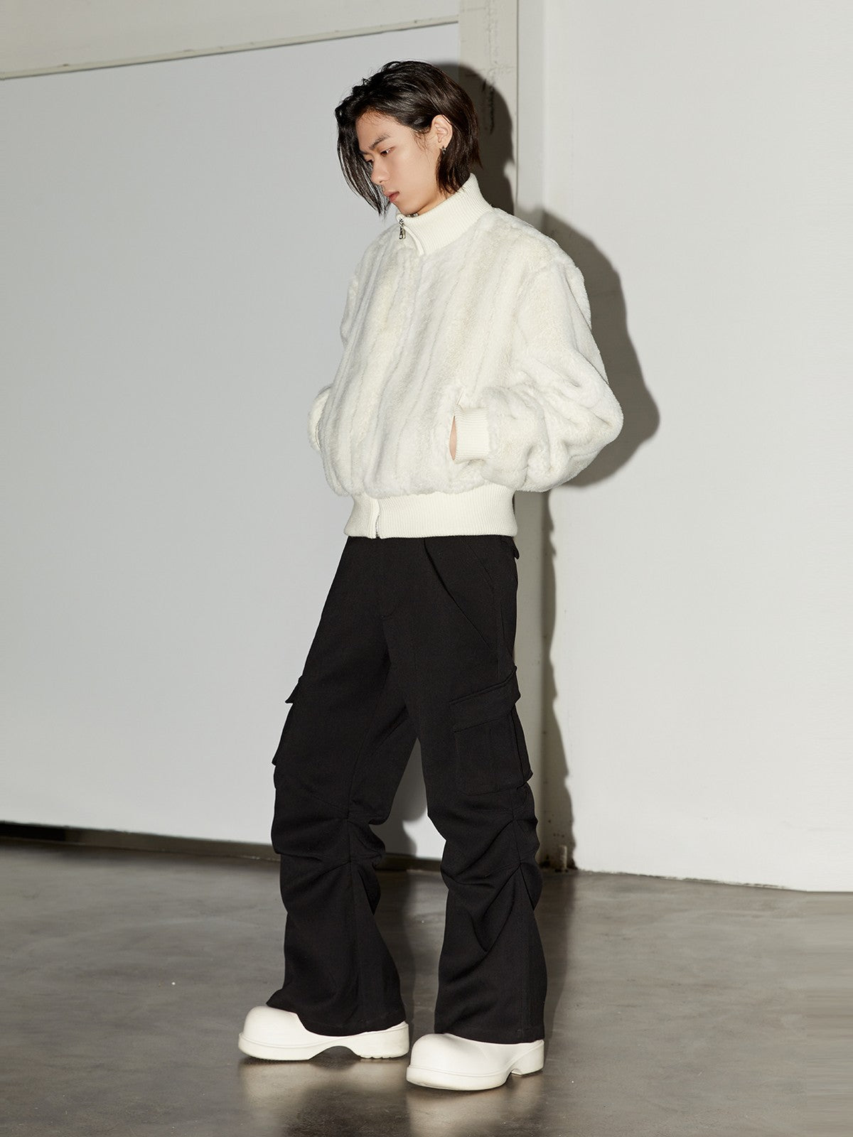 Y OFFICIAL Short Faux Fur Jacket in White - On Male Model