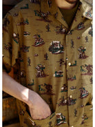 USAGE Cowboy Print Cotton Hawaiian Shirt in Beige - On Male Model