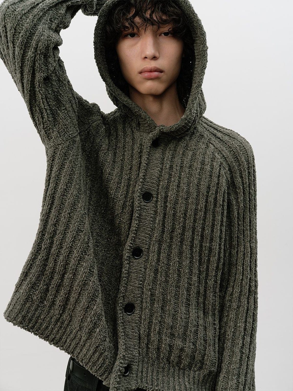 JCAESAR STUDIO Heavyweight Ribbed Hooded Sweater in Gray - On Male Model