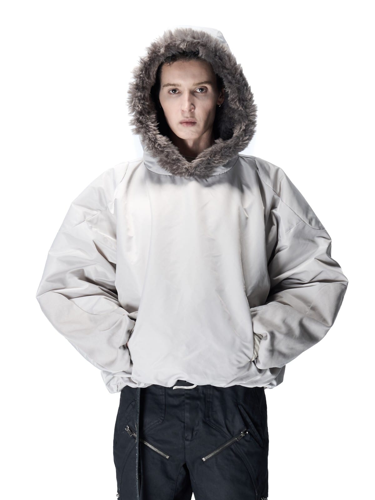 D5ove Fur Trim Hooded Padded Pullover in Gray - On Male Model