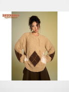 BeerBro Distressed Fuzzy Argyle Sweater in Beige - On Female Model