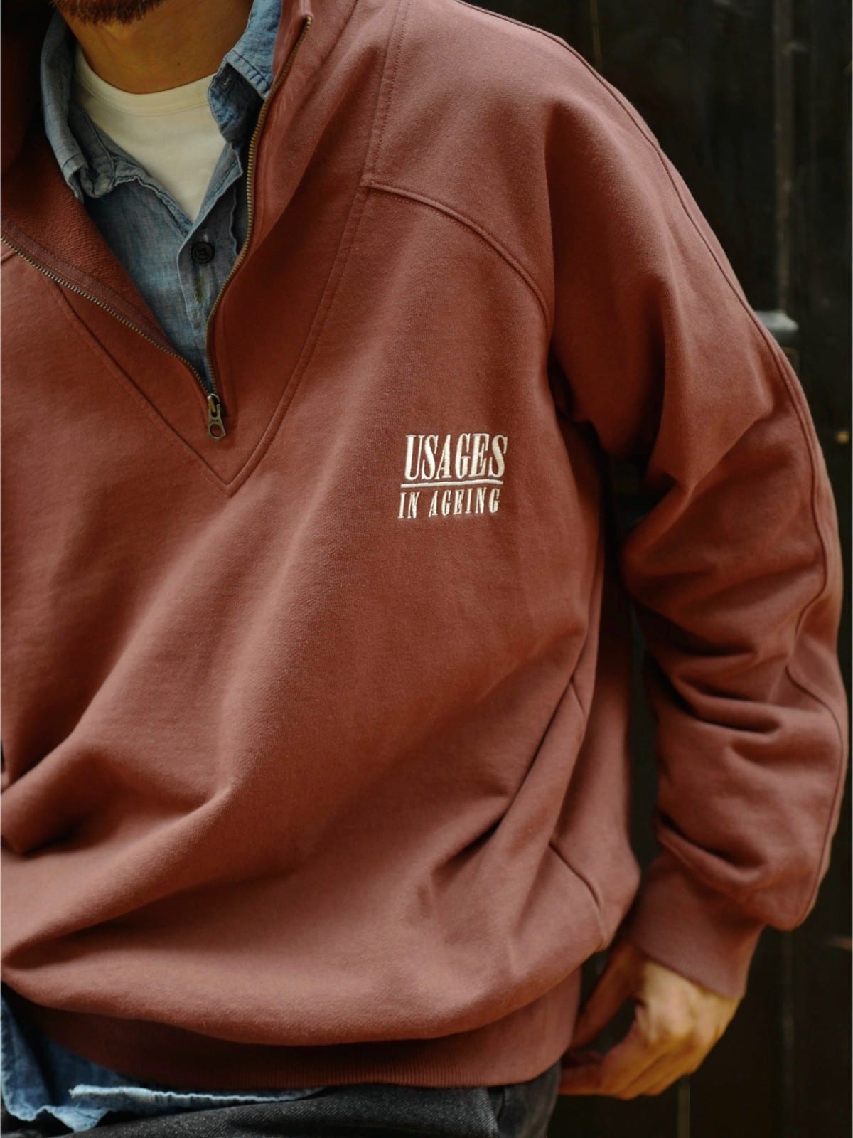 USAGE Heavyweight Cotton Half Zip Sweatshirt in Brown - On Male Model
