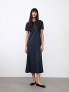 Random Piece Paneled Cotton Blend Fishtail Dress in Blue - On Female Model