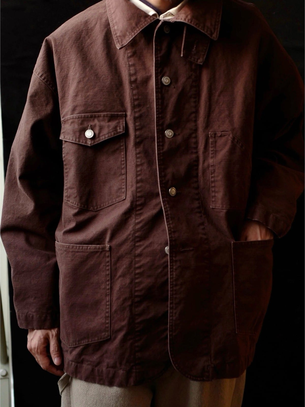 USAGE Washed Heavyweight Cotton Chore Jacket in Brown - On Male Model