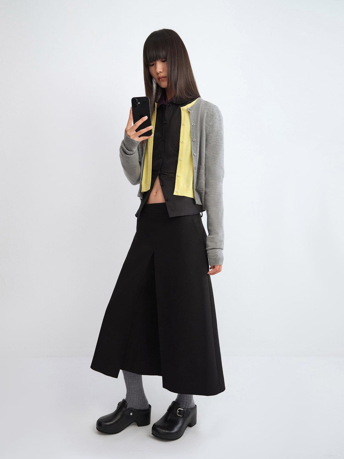 RARELY ALIKE Wool Color Block Layered Cardigan in Gray - On Female Model