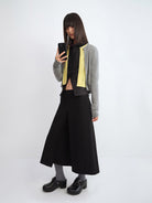 RARELY ALIKE Wool Color Block Layered Cardigan in Gray - On Female Model