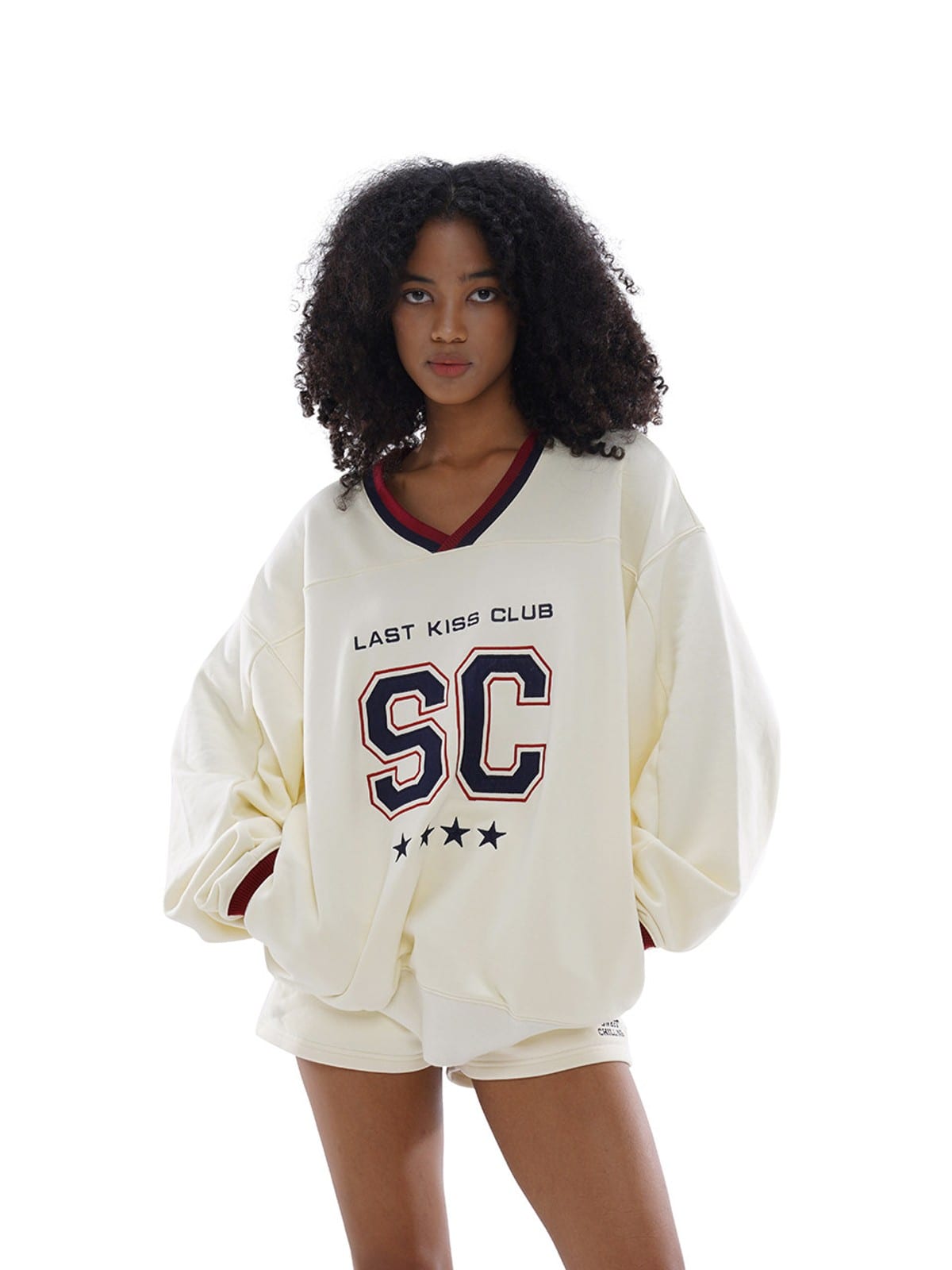 SweetChilling Embroidered V Neck Rugby Sweatshirt in Yellow - On Female Model