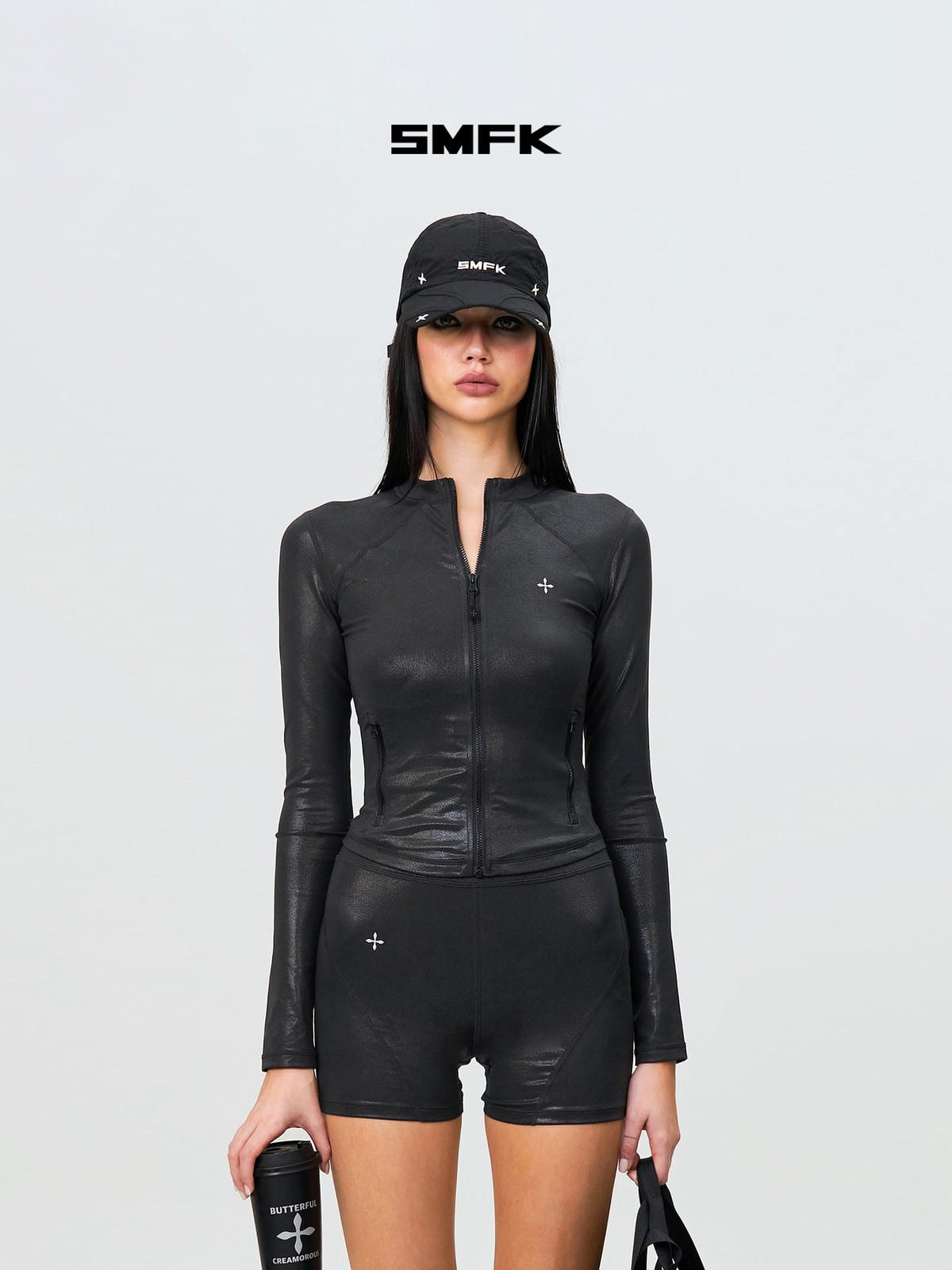 SMFK Zip Front Stand Collar Active Jacket in Gray - On Female Model