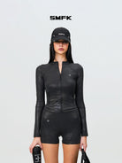 SMFK Zip Front Stand Collar Active Jacket in Gray - On Female Model
