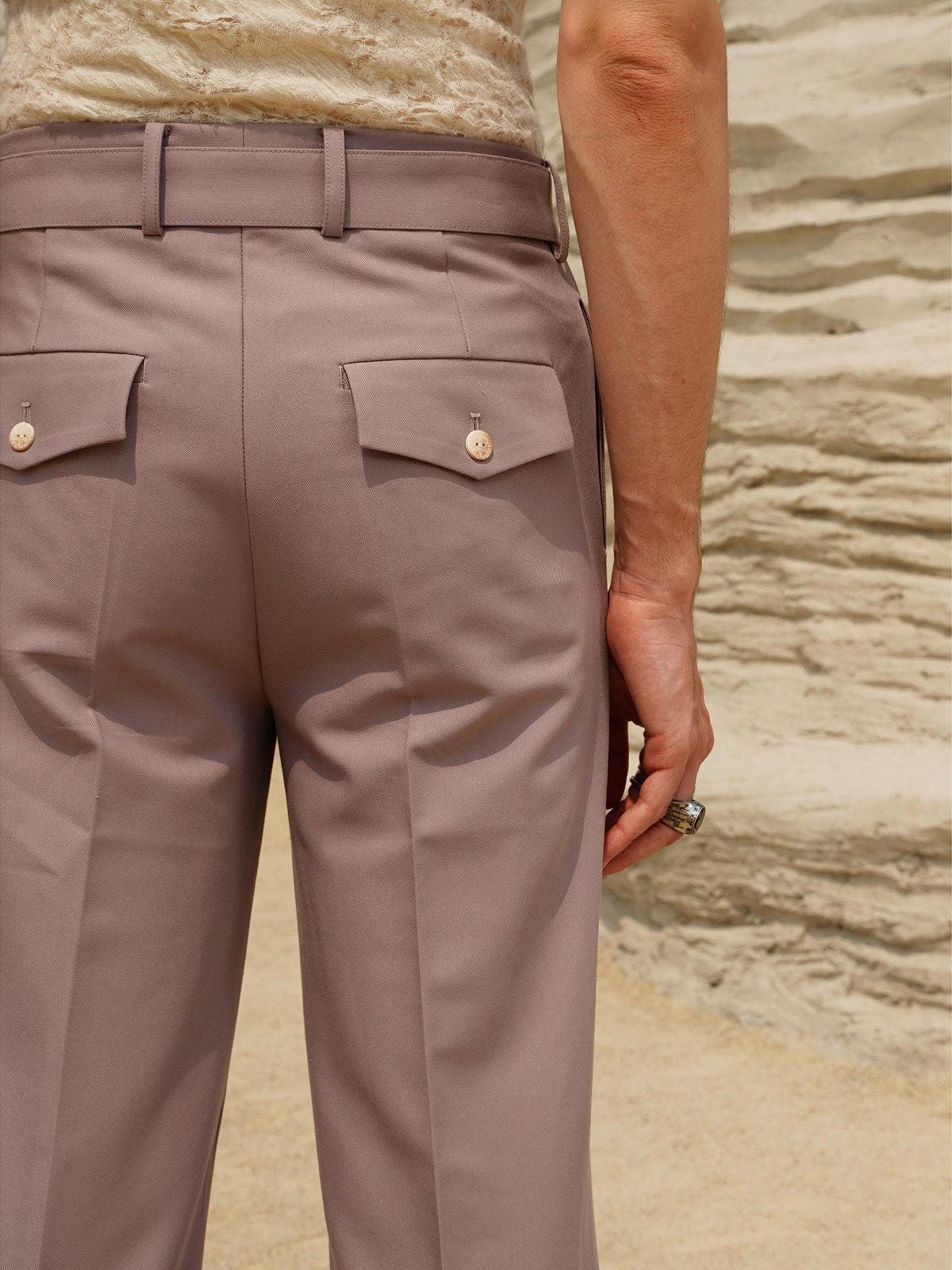 Retro 21 Pleated Straight Leg Trousers in Beige - Detail