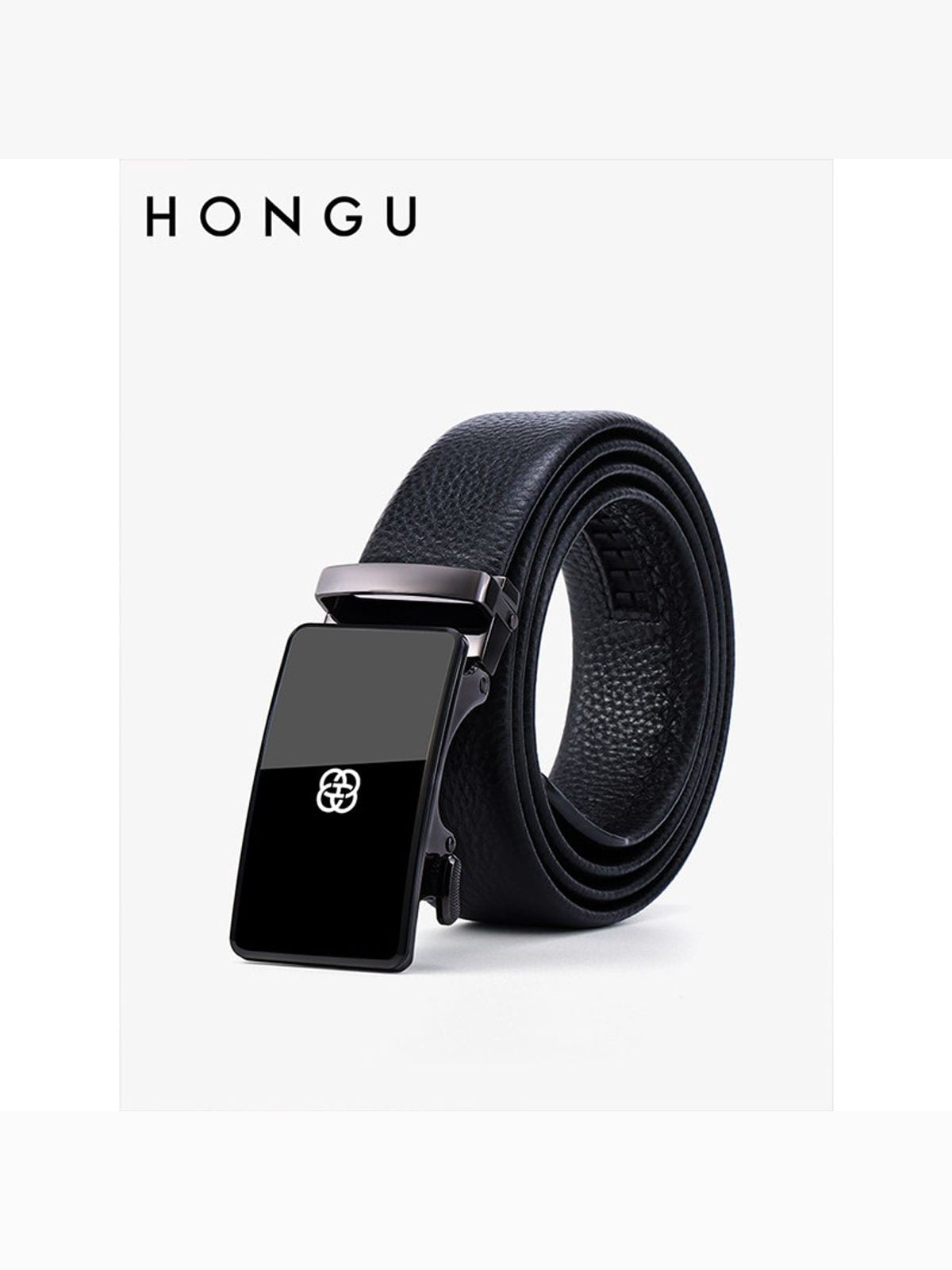 HONGU Cowhide Leather Automatic Buckle Belt in Black