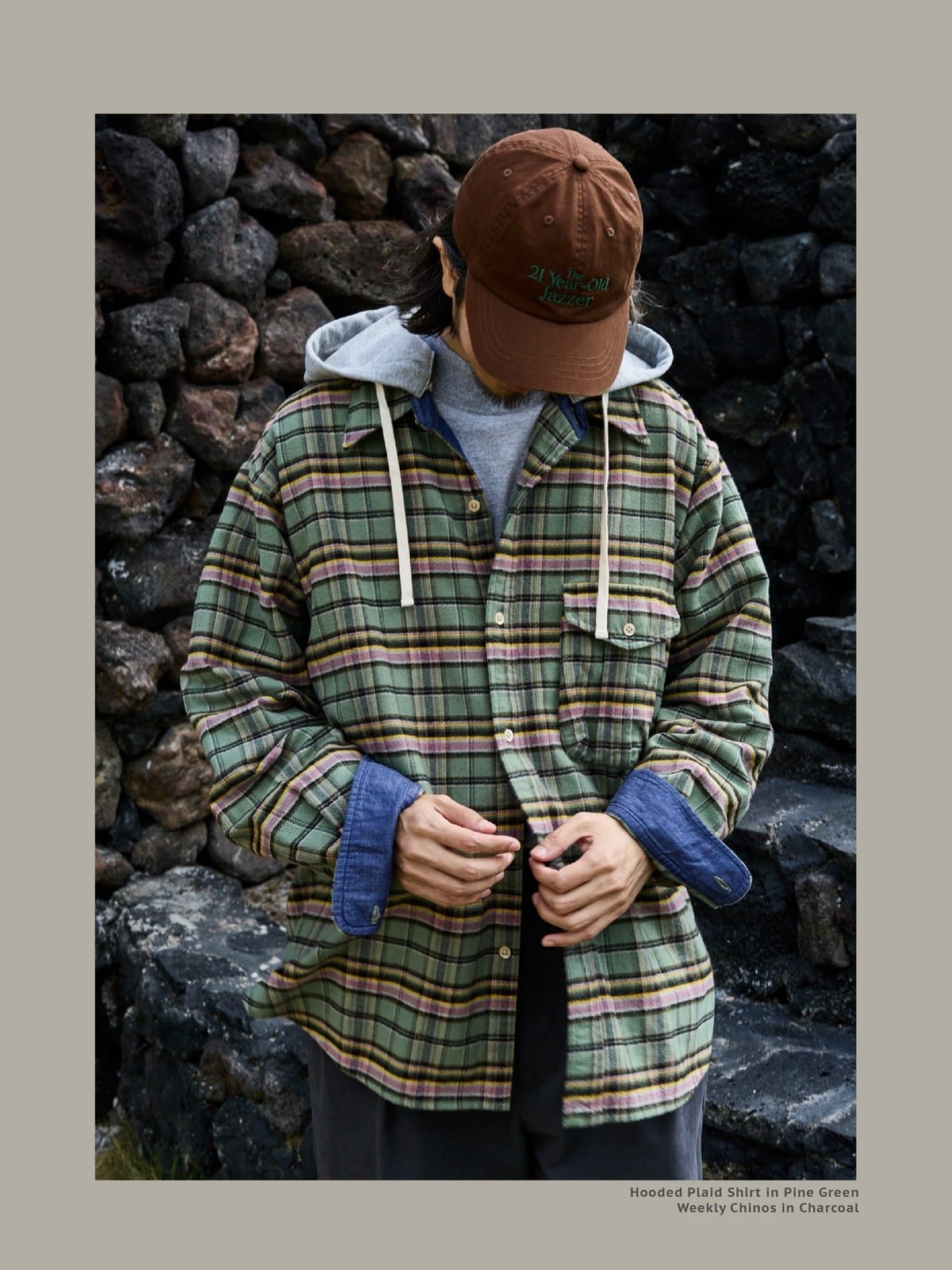 USAGE Detachable Hood Cotton Plaid Shirt in Green - On Male Model