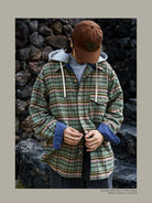 USAGE Detachable Hood Cotton Plaid Shirt in Green - On Male Model