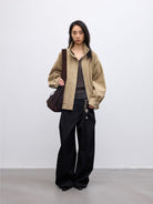 Random Piece Sheepskin Suede Stand Collar Jacket in Khaki - On Female Model