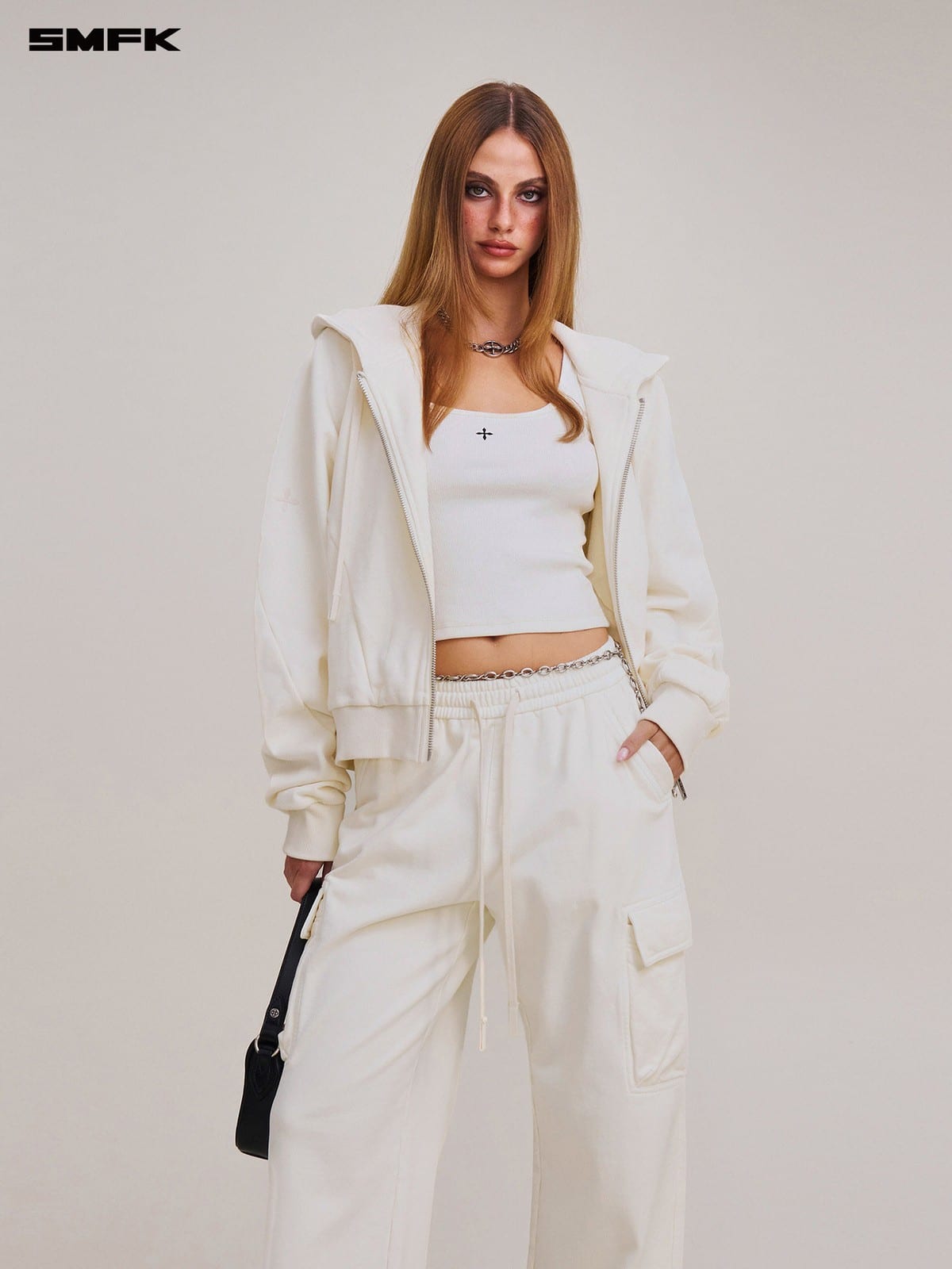 SMFK Garment Dyed Cotton Zip Up Hoodie in White - On Female Model