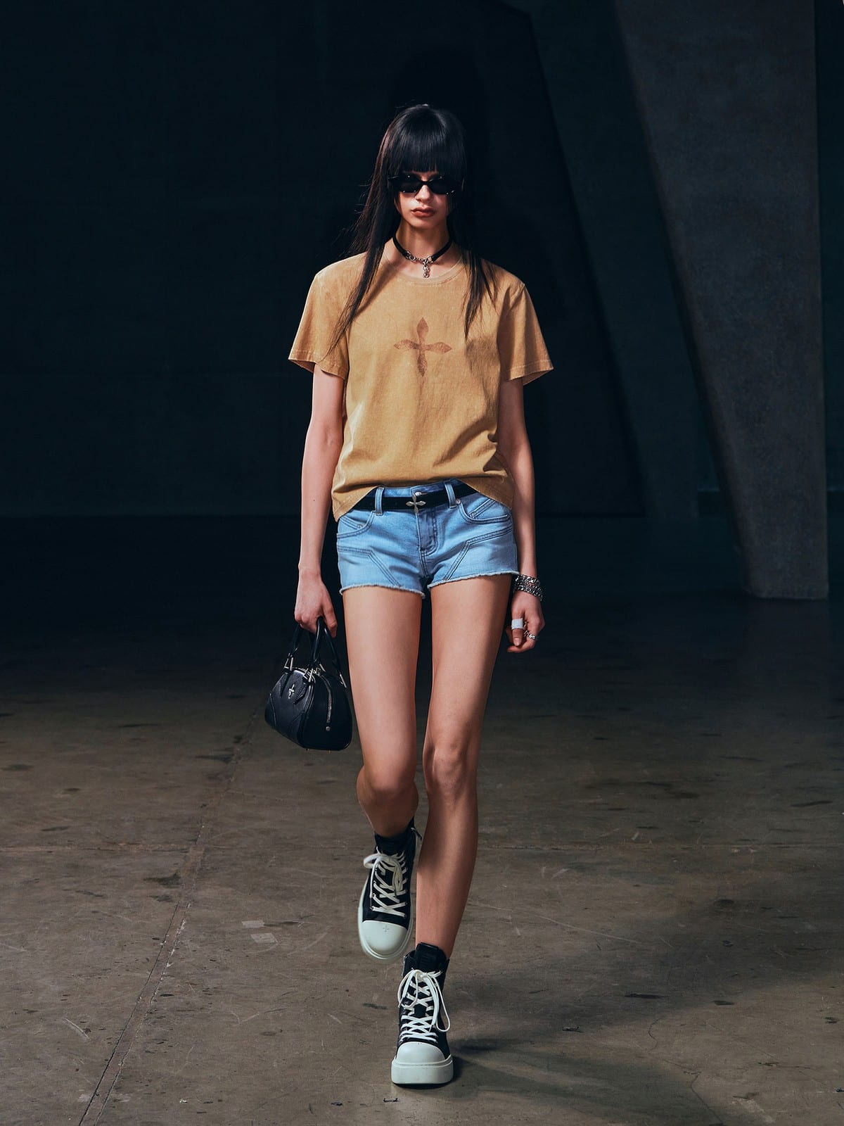 SMFK Stone Washed Graphic T Shirt in Beige - On Female Model