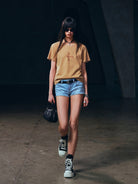 SMFK Stone Washed Graphic T Shirt in Beige - On Female Model