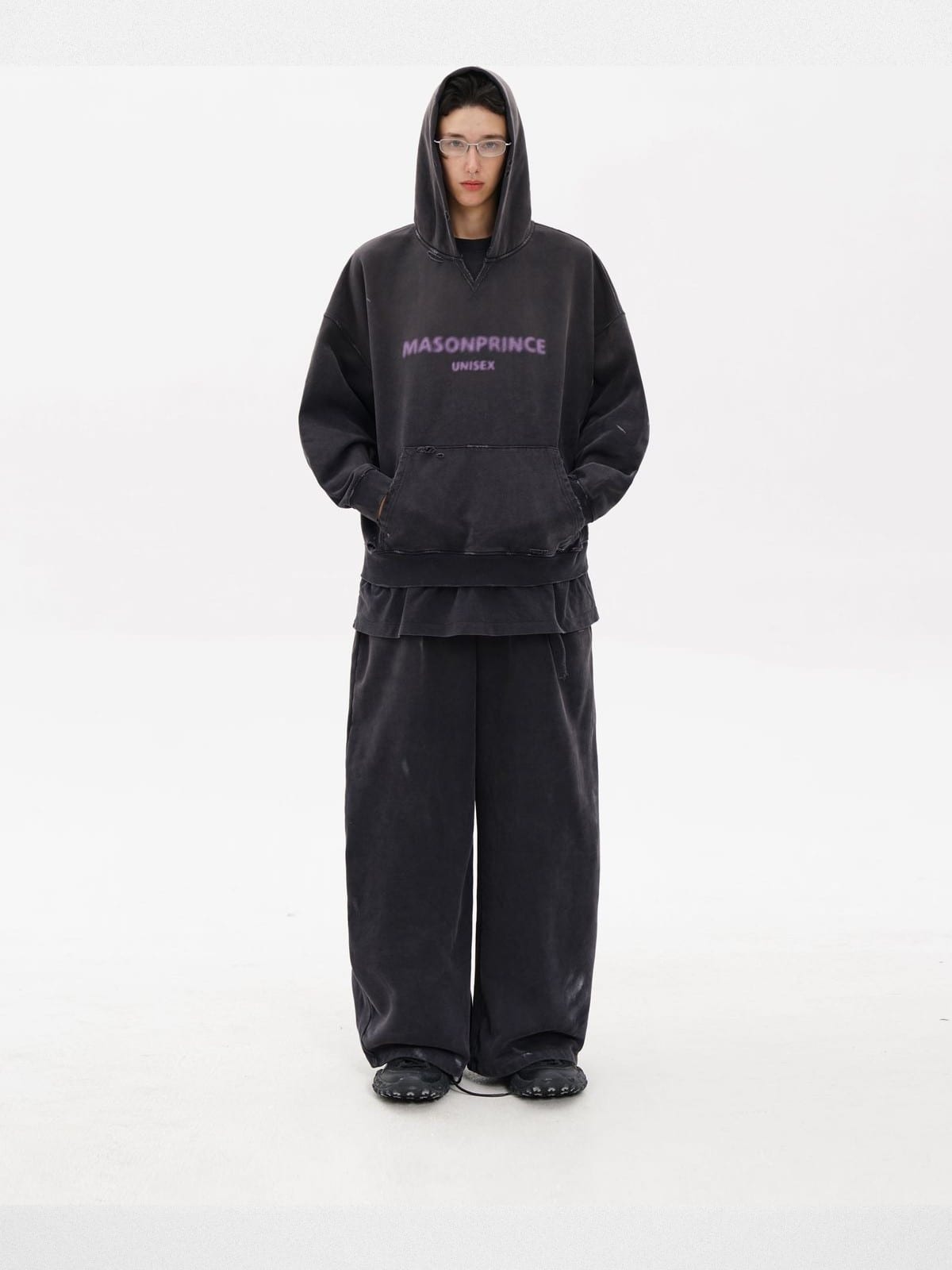 MASONPRINCE Distressed Hoodie Sweatpants Set in Gray - On Male Model
