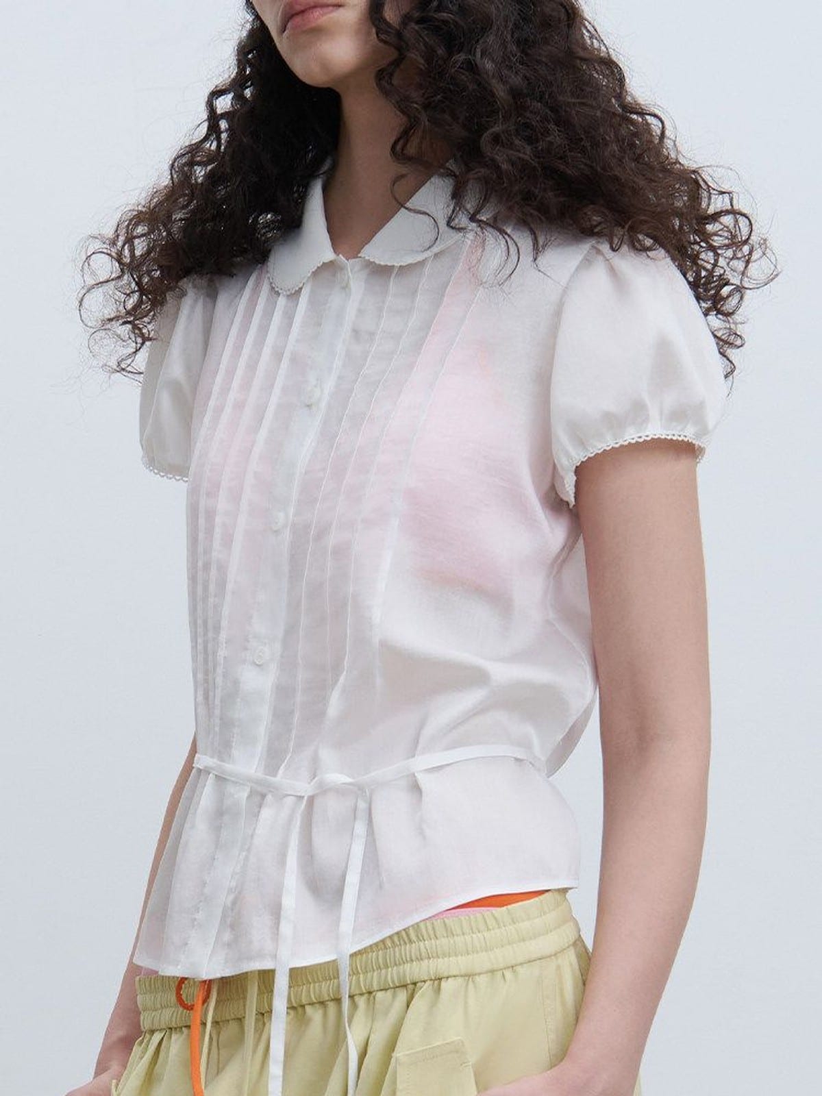 RARELY ALIKE Peter Pan Collar Tie Front Shirt in White - On Female Model