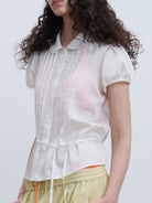 RARELY ALIKE Peter Pan Collar Tie Front Shirt in White - On Female Model