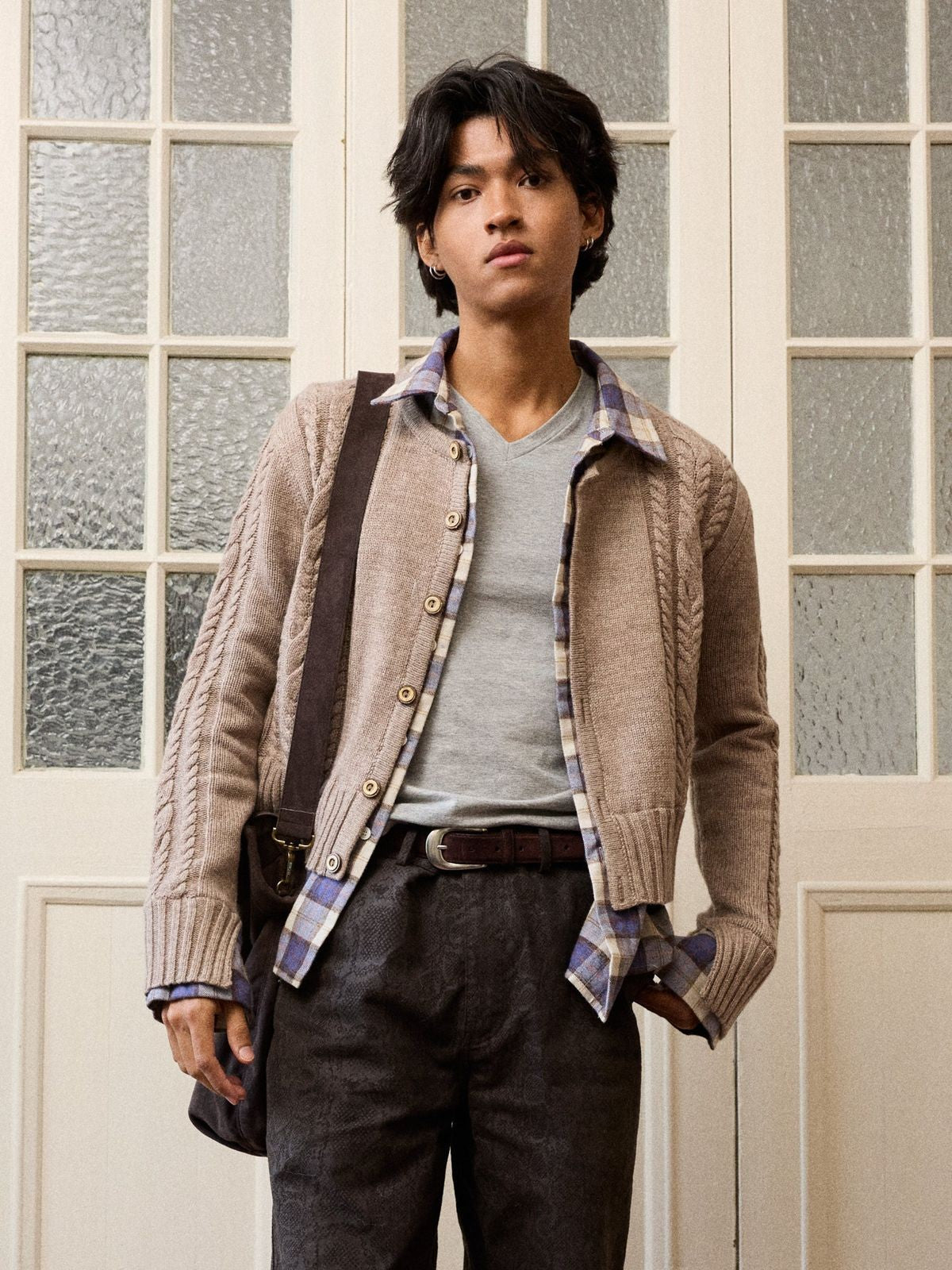Retro 21 Wool Cable Knit Mock Layer Cardigan in Khaki - On Male Model