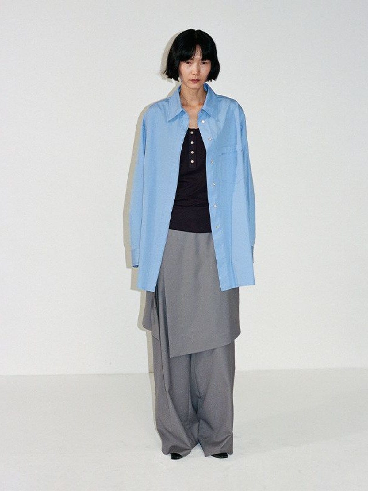 Random Piece Oversized Cotton Button Down Shirt in Sky Blue - On Female Model