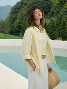 TEASEL Crinkled Silk Blend Shirt Pants Set in Cream - On Female Model