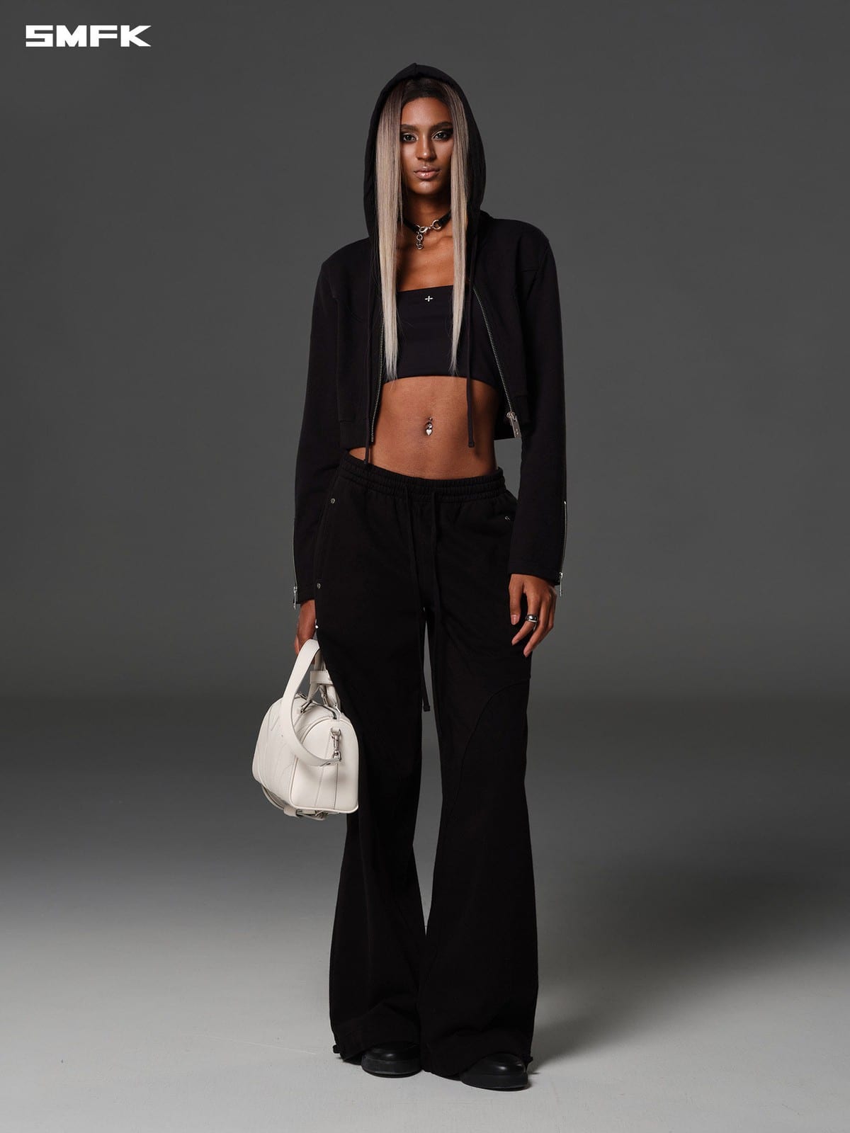 SMFK Cotton Wool Flared Sweatpants in Black - On Female Model